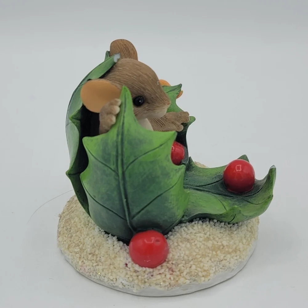 Fitz and Floyd Charming Tails Happy Holly Days Mouse w Holly Leaves 90s Vintage - Picture 3 of 12